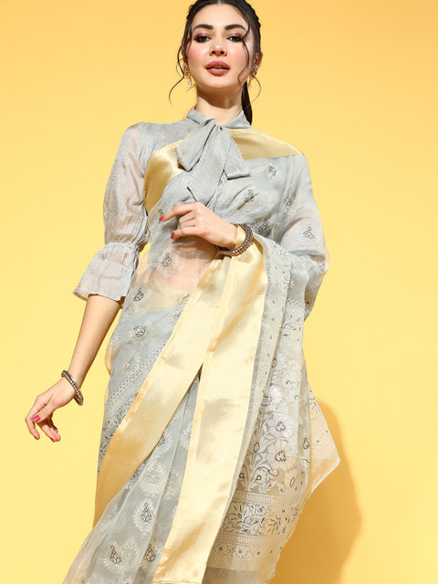 

Luni Ethnic Motifs Saree with Solid Border, Grey
