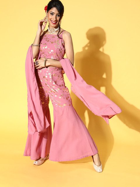 

Luni Women Pink & Golden Foil Printed Crop Top & Sharara With Ruffle Dupatta Set