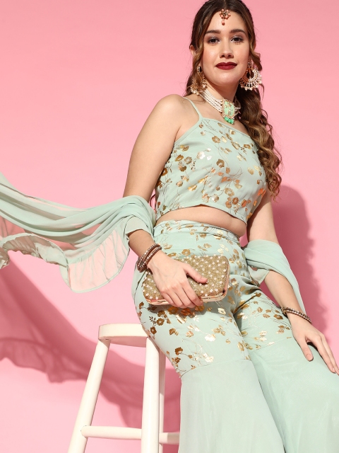 

Luni Women Sea Green & Golden Foil Printed Crop Top & Sharara With Ruffle Dupatta Set