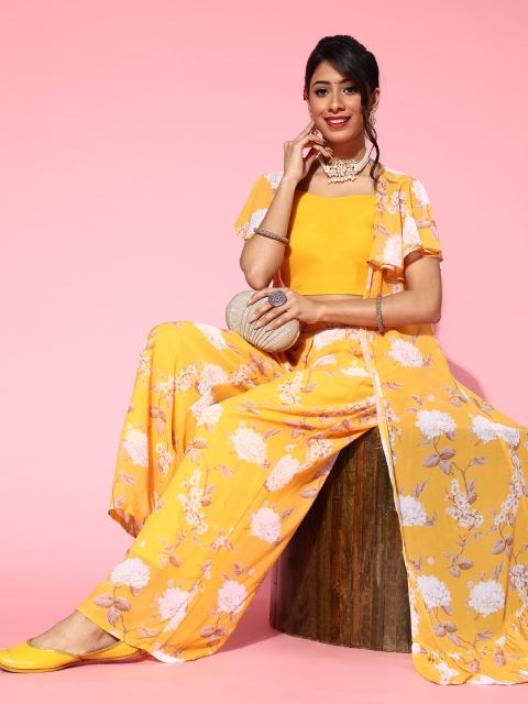 

Luni Women Yellow & White Floral Printed Top & Palazzo With Jacket