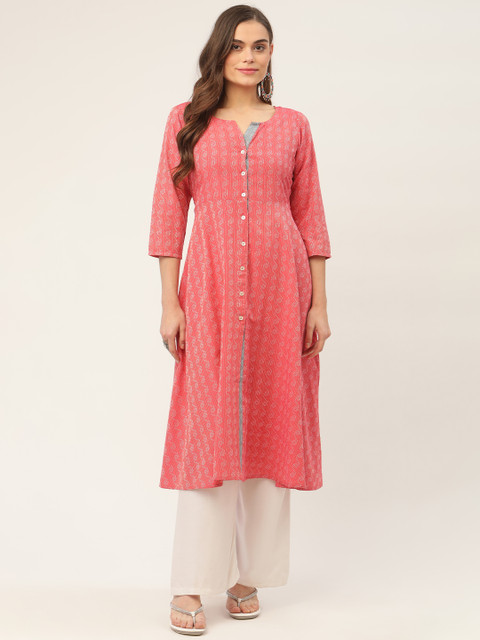 

Jompers Women Red & Grey Geometric Jacquard Kurta