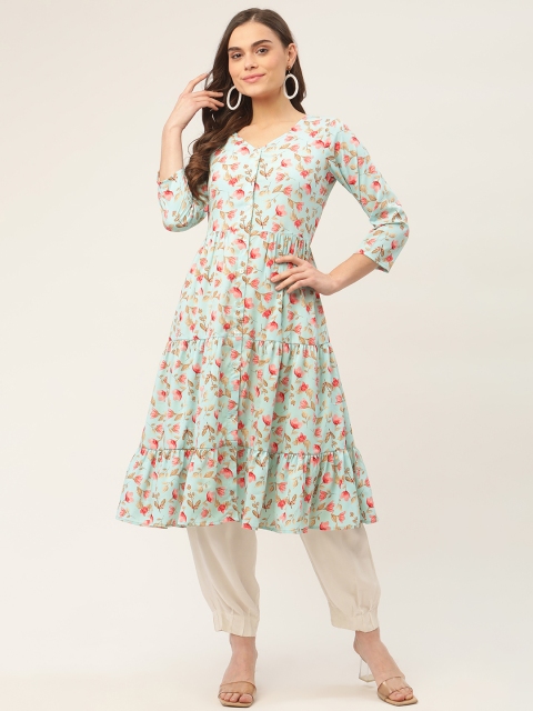 

Jompers Women Blue Floral Print Tiered A-Line Kurta