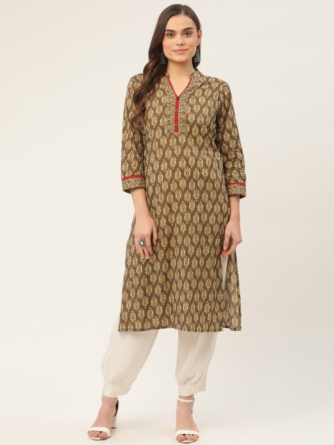 

Jompers Women Brown & Olive Green Ethnic Motifs Block Printed Cotton Kurta
