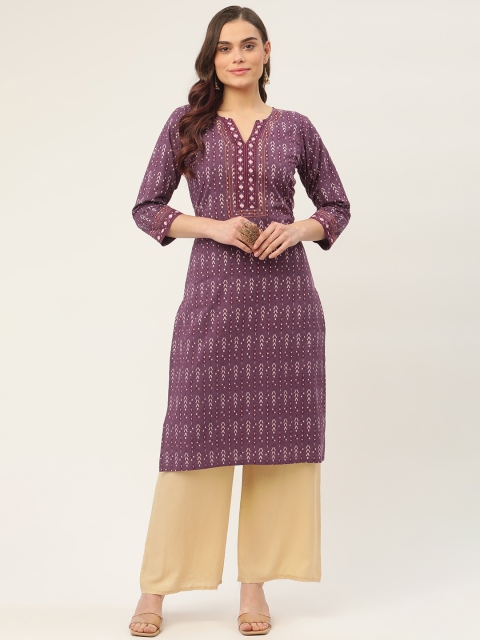 

Jompers Women Purple Ikat Printed Pure Cotton Straight Kurta