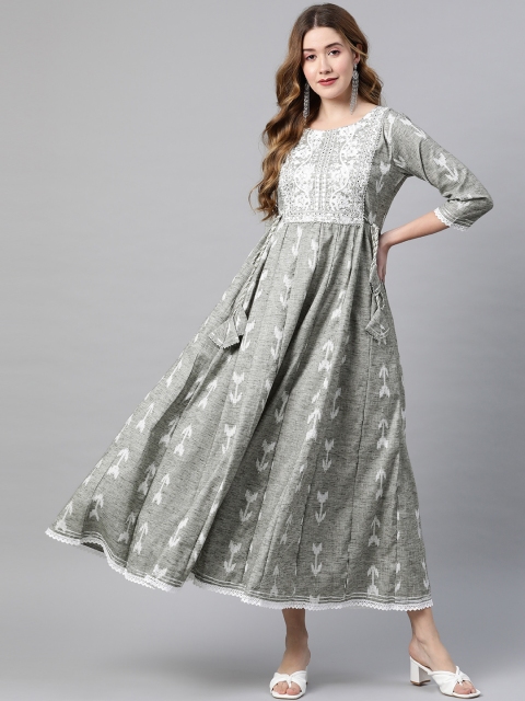 

Vbuyz Green Floral Ethnic Maxi Embroidered Dress