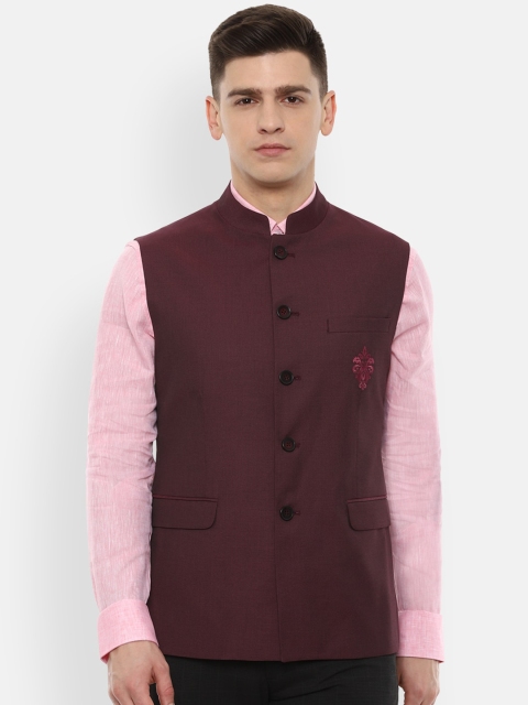 

Van Heusen Men Maroon Solid Woven Nehru Jacket
