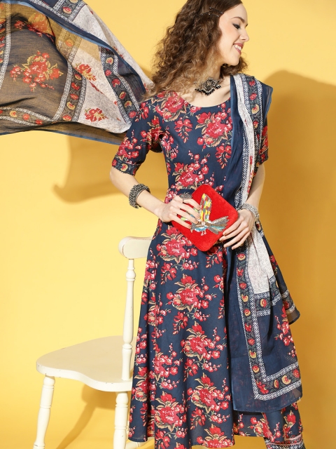 

Indo Era Blue Cotton Blend Romantic Florals Kurta Set