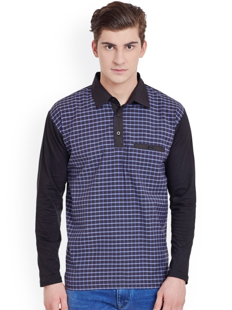 

Hypernation Men Black Checked Slim Fit Polo Collar T-shirt