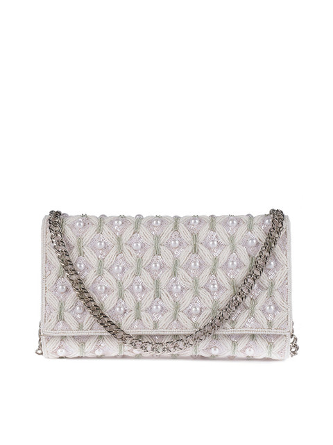 

MIO Borsa White & Silver-Toned Embellished Foldover Clutch