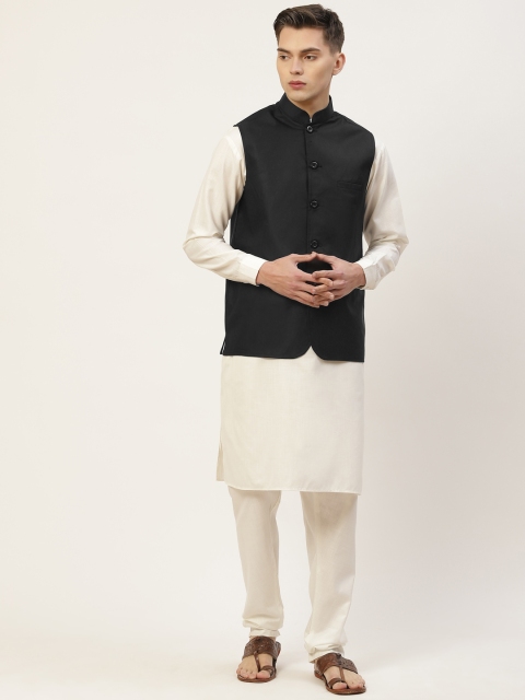

Jompers Men Beige Solid Kurta with Churidar & Black Nehru Jacket