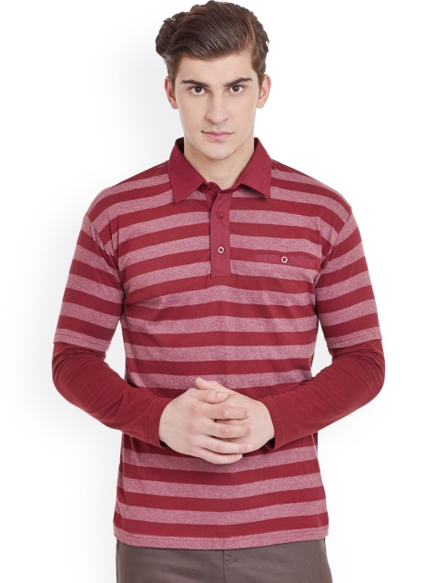 

Hypernation Men Maroon Striped Polo Collar T-Shirt