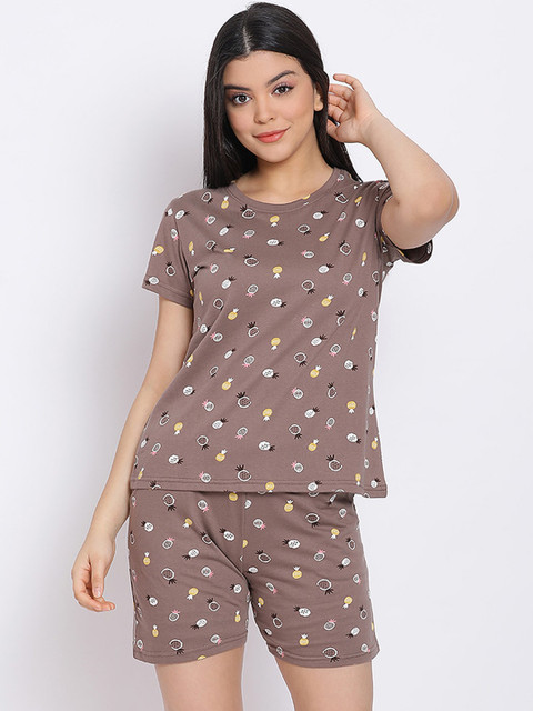 

Kanvin Women Brown & White Printed Night suit