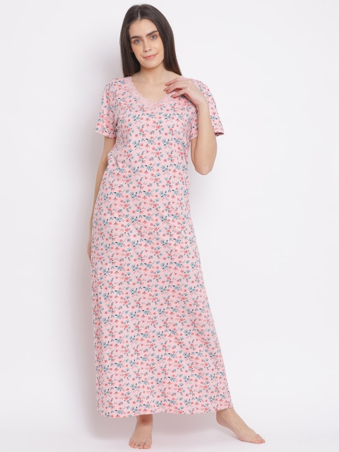 

Kanvin Women Pink Floral Printed Pure Cotton Maxi Night Dress
