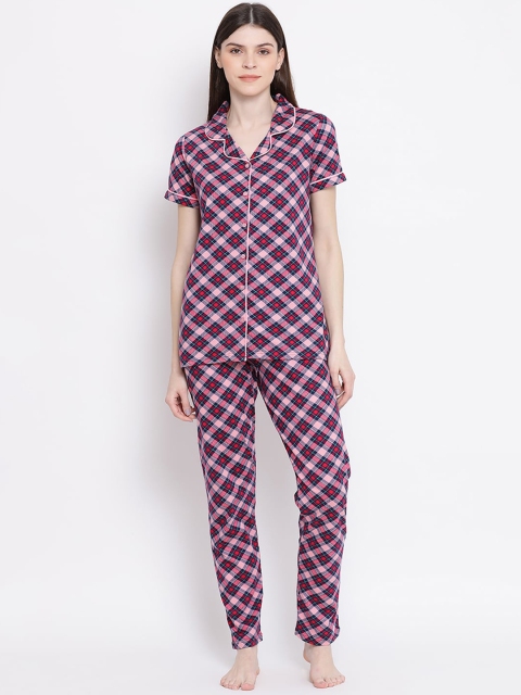

Kanvin Women Pink & Black Checked Cotton Plus Size Night suit