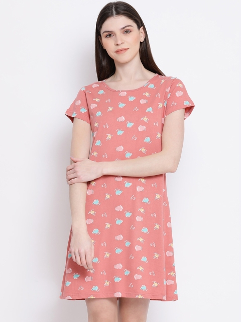 

Kanvin Peach-Coloured Printed Pure Cotton T-shirt Nightdress