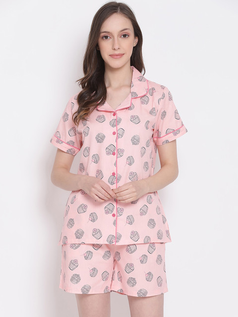

Kanvin Women Pink & Grey Printed Cotton Night Suit