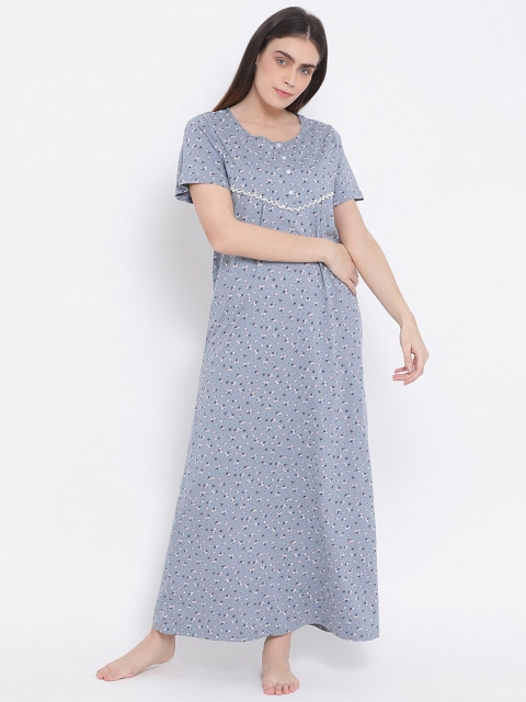 

Kanvin Blue Printed Pure Cotton Maxi Nightdress