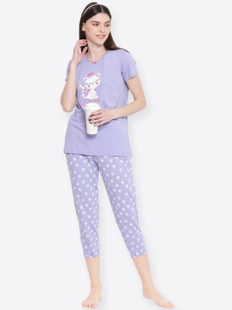 

Kanvin Women Purple & White Printed Cotton Night suit