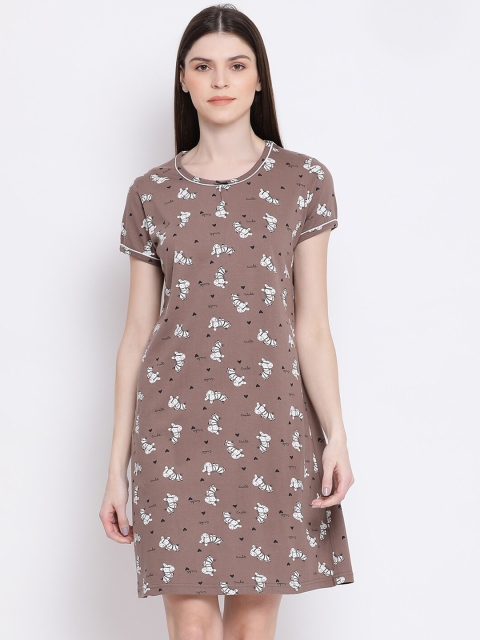 

Kanvin Women Brown Floral Printed Pure Cotton Knee Length Nightdress