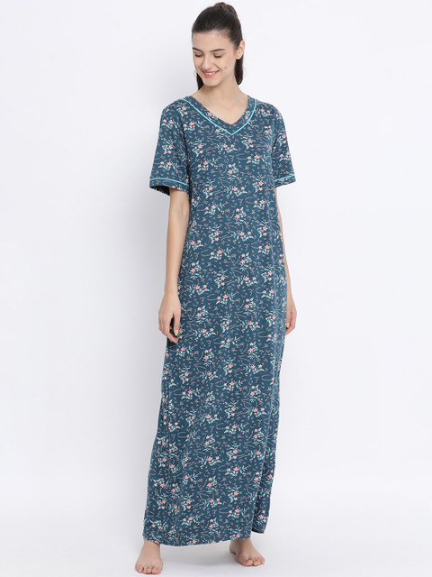 

Kanvin Teal Printed Pure Cotton Maxi Nightdress