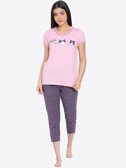 

Kanvin Women Pink & Grey Printed Cotton Night suit