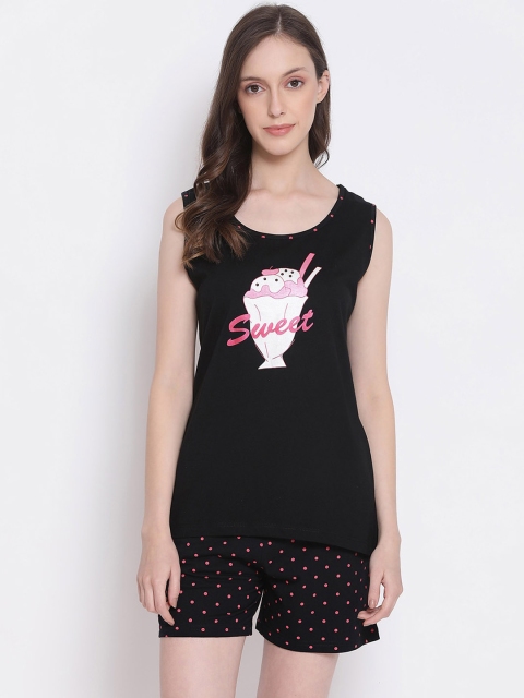 

Kanvin Women Black & Pink Polka Dots Printed Cotton Night suit