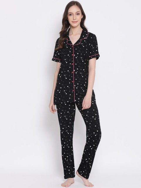

Kanvin Women Black Printed Cotton Night suit