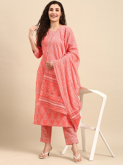 

Janasya Women Pink Pure Cotton Floral Printed Sequinned Kurta Set With Dupatta