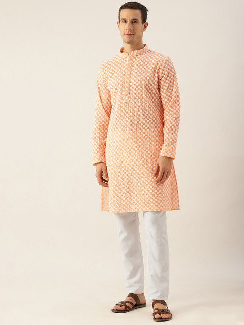 

Molly & Michel Men Peach-Coloured Chikankari Pure Cotton Kurta with Pyjamas