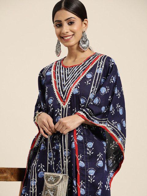 

Sangria Women Blue Ethnic Motifs Printed Gotta Patti Pure Cotton Kurta with Palazzos