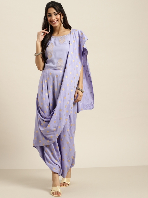 

Sangria Women Lavender Ethnic Motifs Foil Print Crop Top with Dhoti Pants & Dupatta