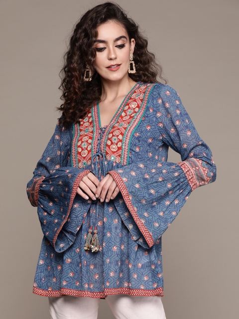 

Ritu Kumar Women Blue & Red Ethnic Motifs Printed Yoke Design Embroidered Pleated Kurti