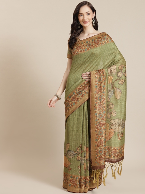 

Mitera Women Olive Green & Orange Floral Saree
