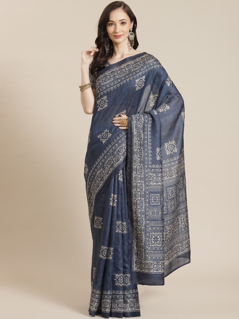 

Mitera Women Navy Blue & Beige Ethnic Motifs Saree
