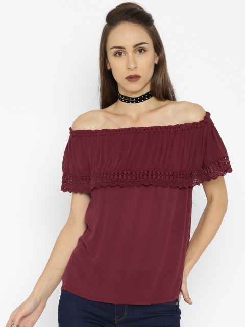 

ONLY Women Burgundy Lace Bardot Top
