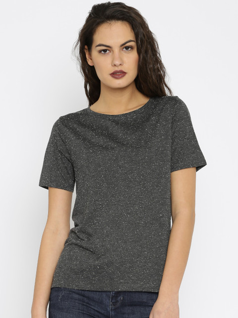 

ONLY Women Charcoal Grey Self-design Round Neck T-Shirt