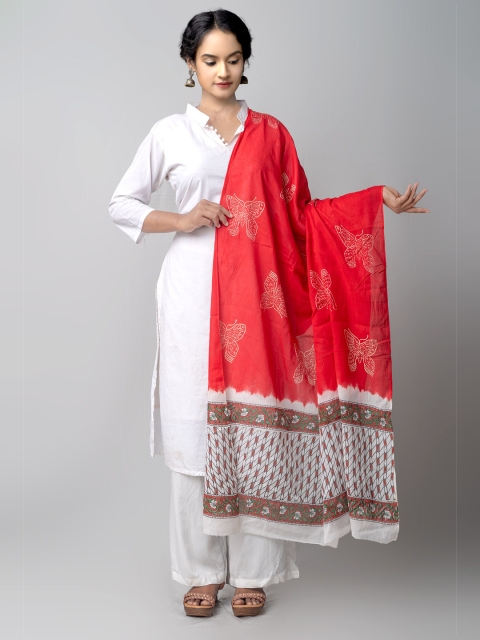 

Unnati Silks Red & White Ethnic Motifs Printed Pure Cotton Block Print Dupatta