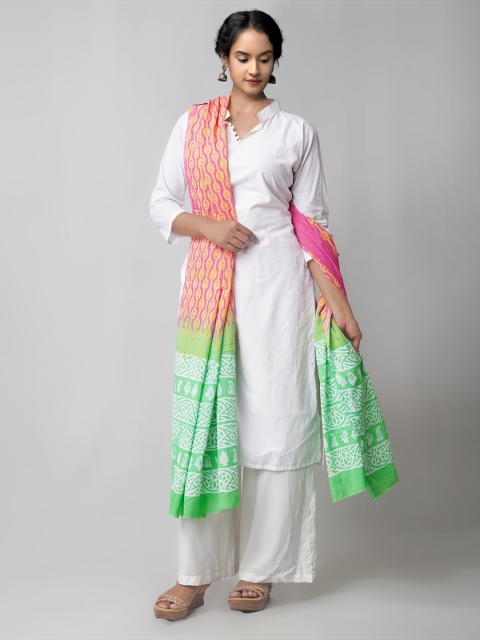 

Unnati Silks Pink & Green Ethnic Motifs Printed Pure Cotton Block Print Dupatta