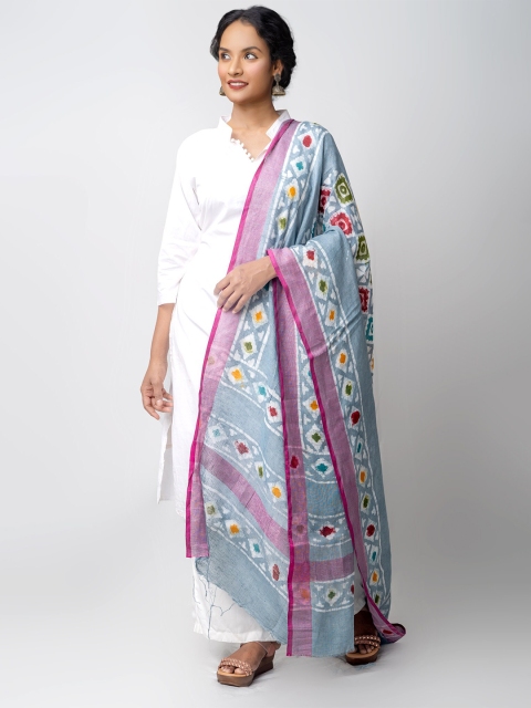 

Unnati Silks Grey & Pink Ethnic Motifs Printed Linen Batik Dupatta