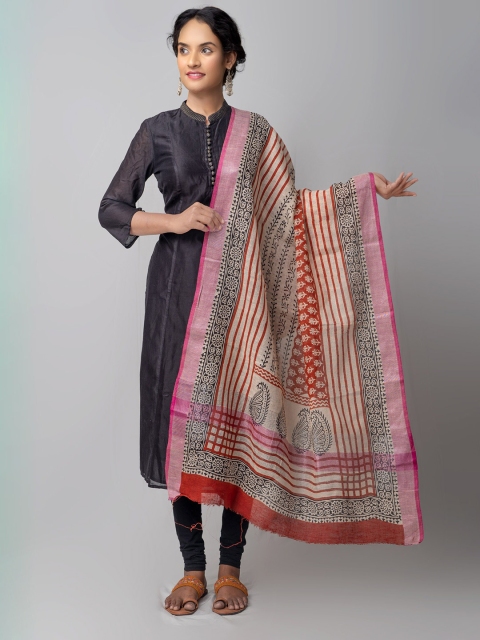 

Unnati Silks Cream-Coloured & Rust Bagru Printed Handloom Sustainable Linen Dupatta