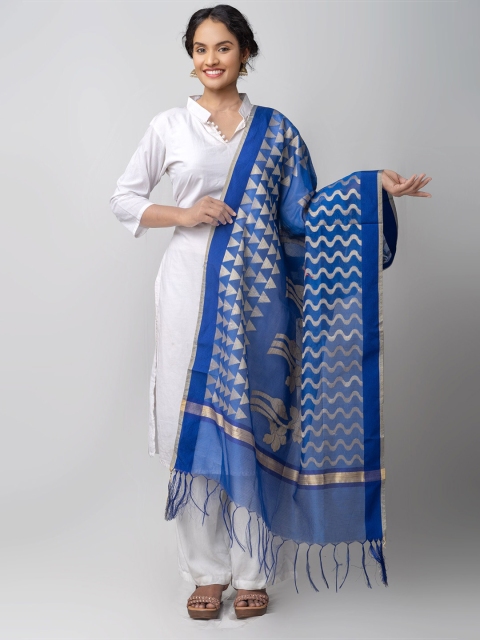 

Unnati Silks Blue & Gold-Toned Woven Design Dupatta with Zari