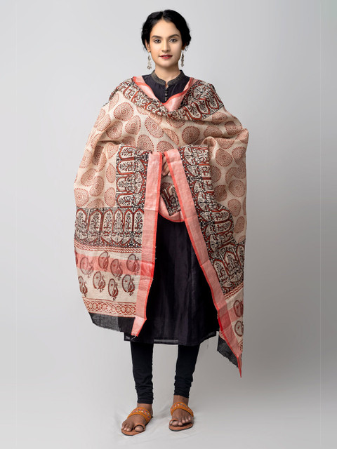 

Unnati Silks Cream-Coloured & Brown Bagru Printed Linen Dupatta