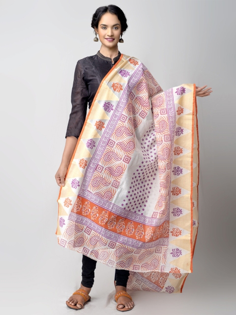 

Unnati Silks Cream-Coloured & Orange Ethnic Motifs Block Print Dupatta