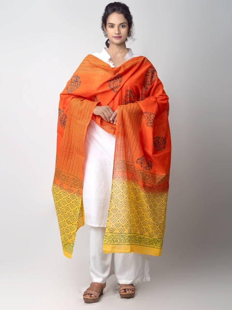 

Unnati Silks Orange & Yellow Ethnic Motifs Printed Pure Cotton Block Print Dupatta