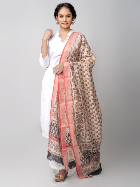 

Unnati Silks Cream-Coloured & Brown Ethnic Motifs Bagru Printed Linen Dupatta