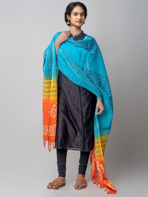 

Unnati Silks Blue & Orange Ethnic Motifs Printed Pure Cotton Block Print Dupatta