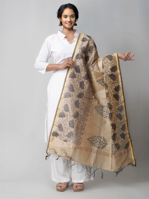 

Unnati Silks Brown & Grey Ethnic Motifs Printed Block Print Chanderi Dupatta