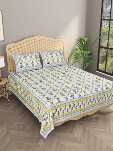 

Gulaab Jaipur White & Blue Floral Cotton 400 TC King Bedsheet with 2 Pillow Covers
