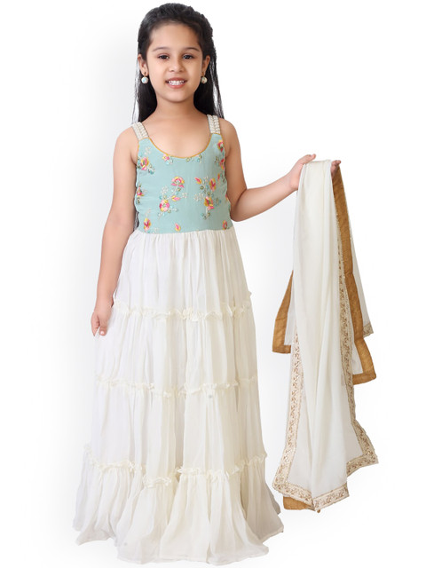 

EthnoVogue White & Turquoise Blue Floral Made To Measure Anarkali Dress With Dupatta