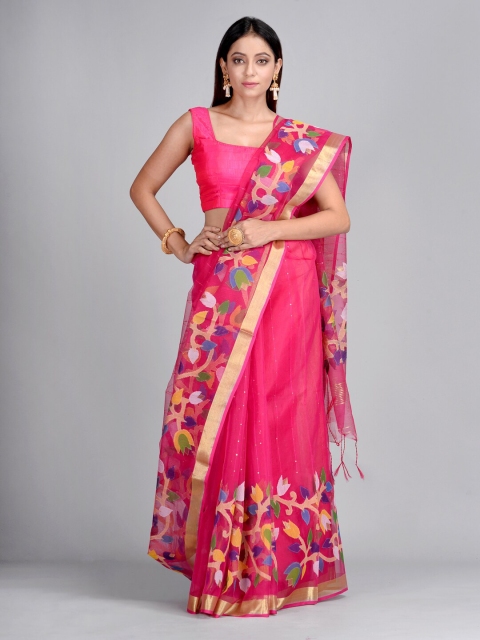 

Mitera Pink & Gold-Toned Floral Sequinned Pure Silk Jamdani Saree